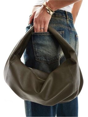 NEW ASOS Design Leather Slouchy Scoop Tote Bag Olive Khaki 100% Leather Hobo